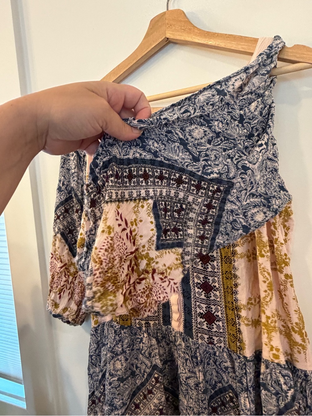 Free People Patchwork Paisley Peasant Blouse in Pink, Blue, Mustard - Picture 4 of 5